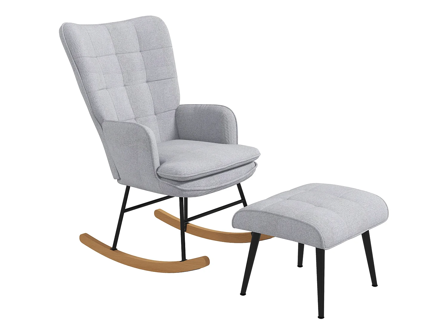 Fauteuil à bascule avec repose-pieds en polyester gris clair, dossier haut et accoudoirs