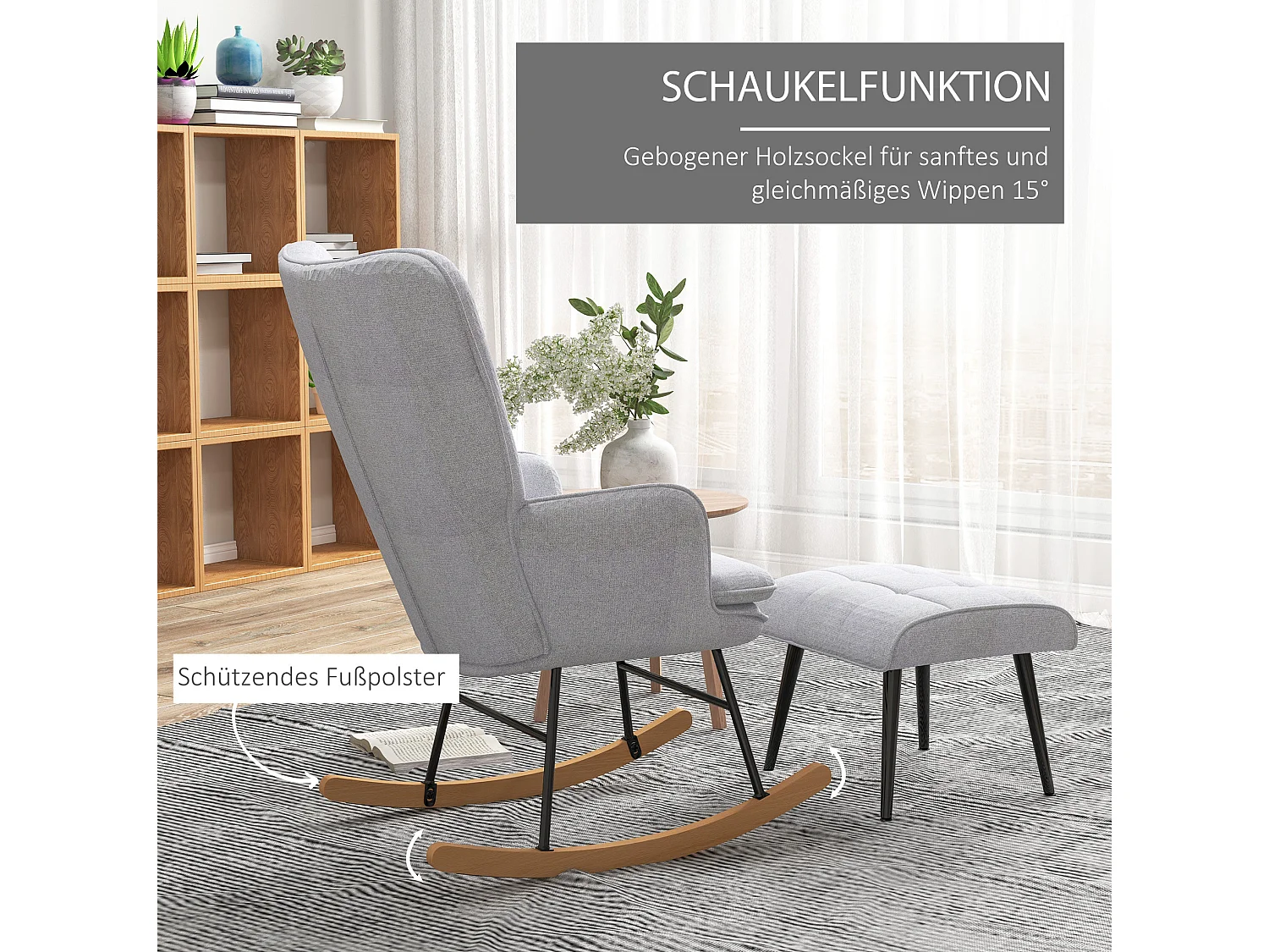 Fauteuil à bascule avec repose-pieds en polyester gris clair, dossier haut et accoudoirs