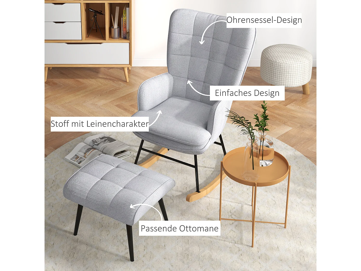 Fauteuil à bascule avec repose-pieds en polyester gris clair, dossier haut et accoudoirs