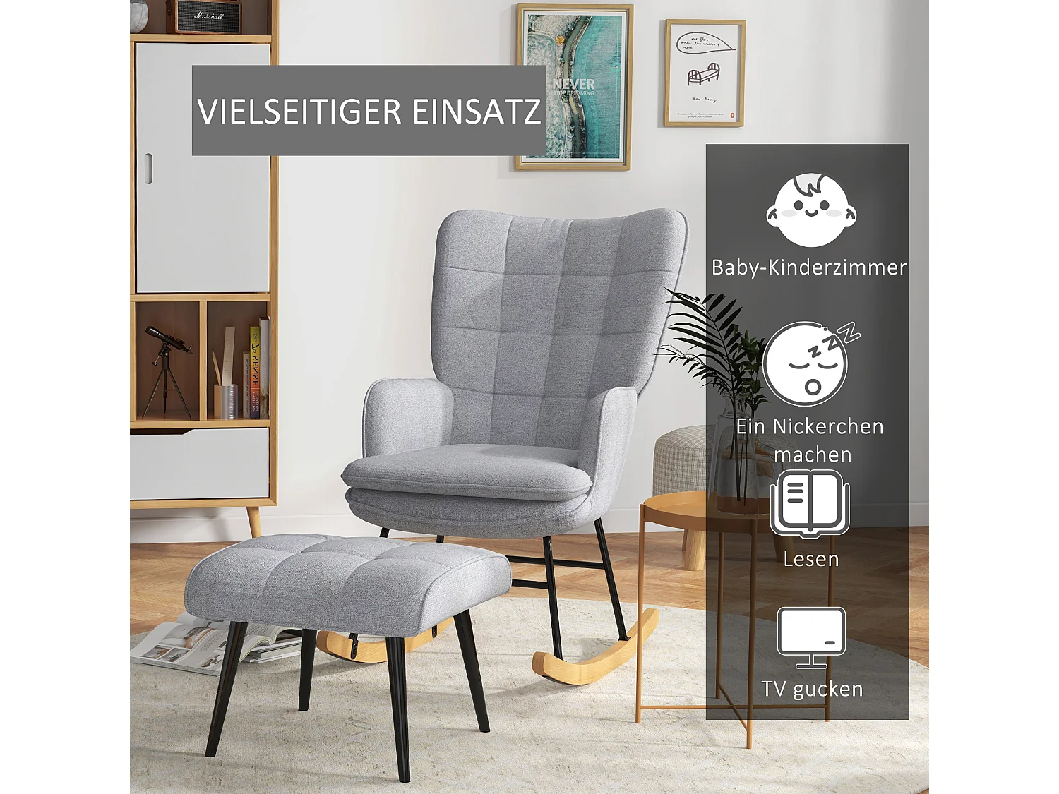 Fauteuil à bascule avec repose-pieds en polyester gris clair, dossier haut et accoudoirs