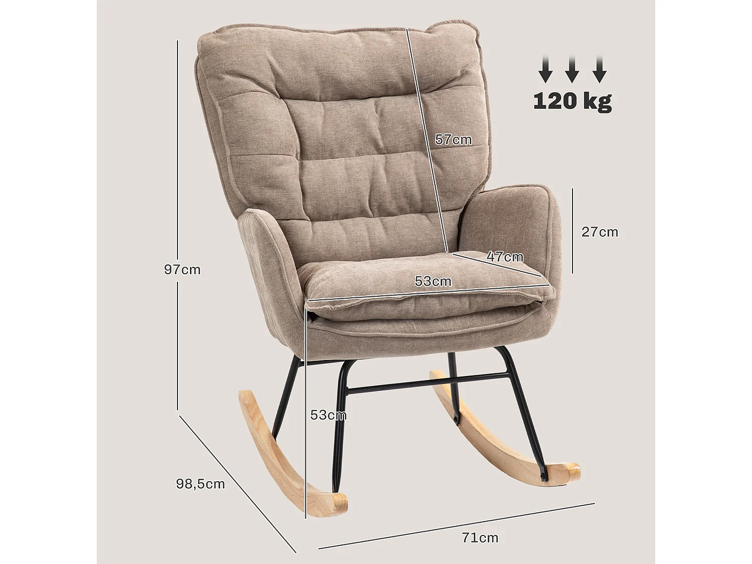 Fotel bujany, poliester, brązowy, z podłokietnikami i wyściełanym siedziskiem