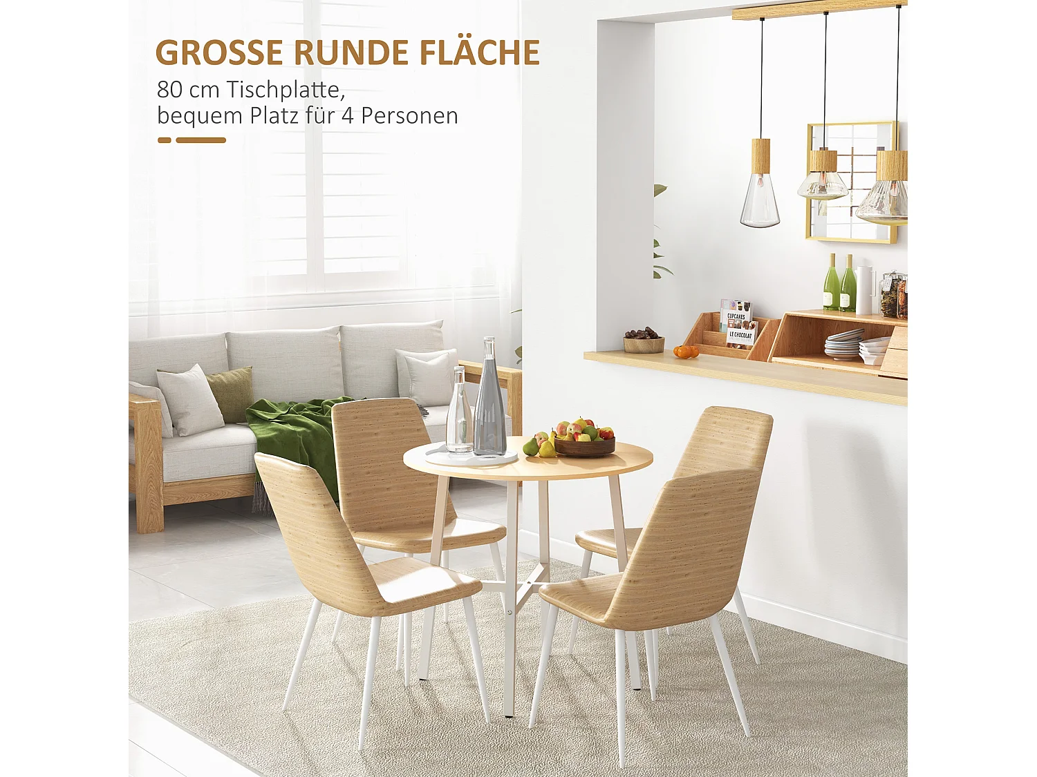 Table à manger ronde pour 4 personnes en bois contreplaqué et métal, coloris bois naturel, diamètre 80 cm