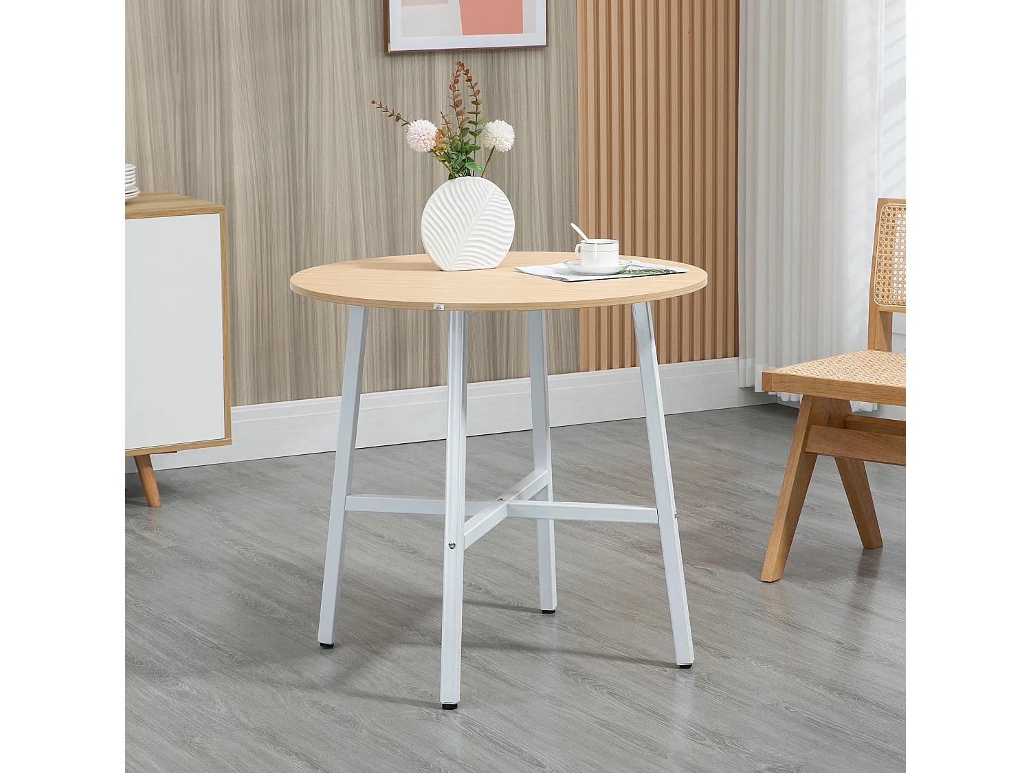 Table à manger ronde pour 4 personnes en bois contreplaqué et métal, coloris bois naturel, diamètre 80 cm