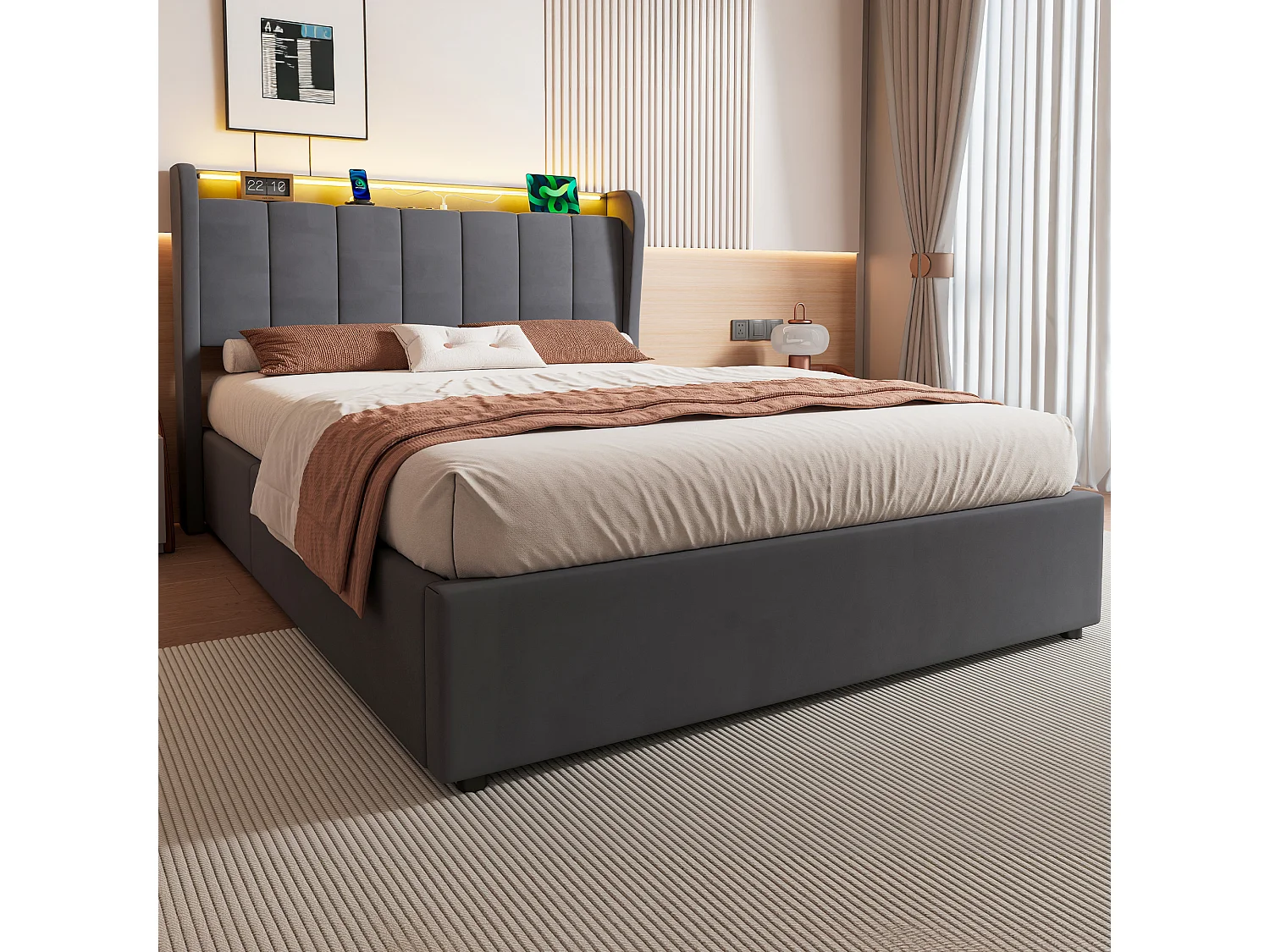 Lit coffre 140x190 cm, lit adulte avec LED et prise électrique, en velours gris, sans matelas