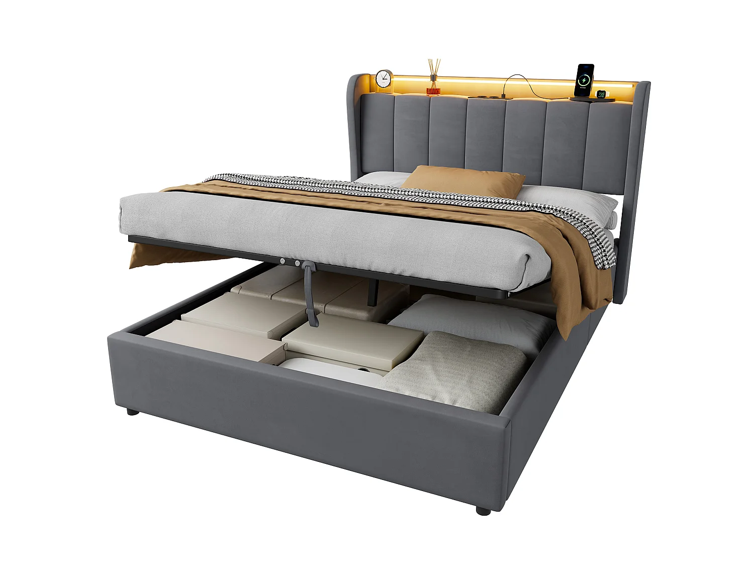 Lit coffre 140x190 cm, lit adulte avec LED et prise électrique, en velours gris, sans matelas