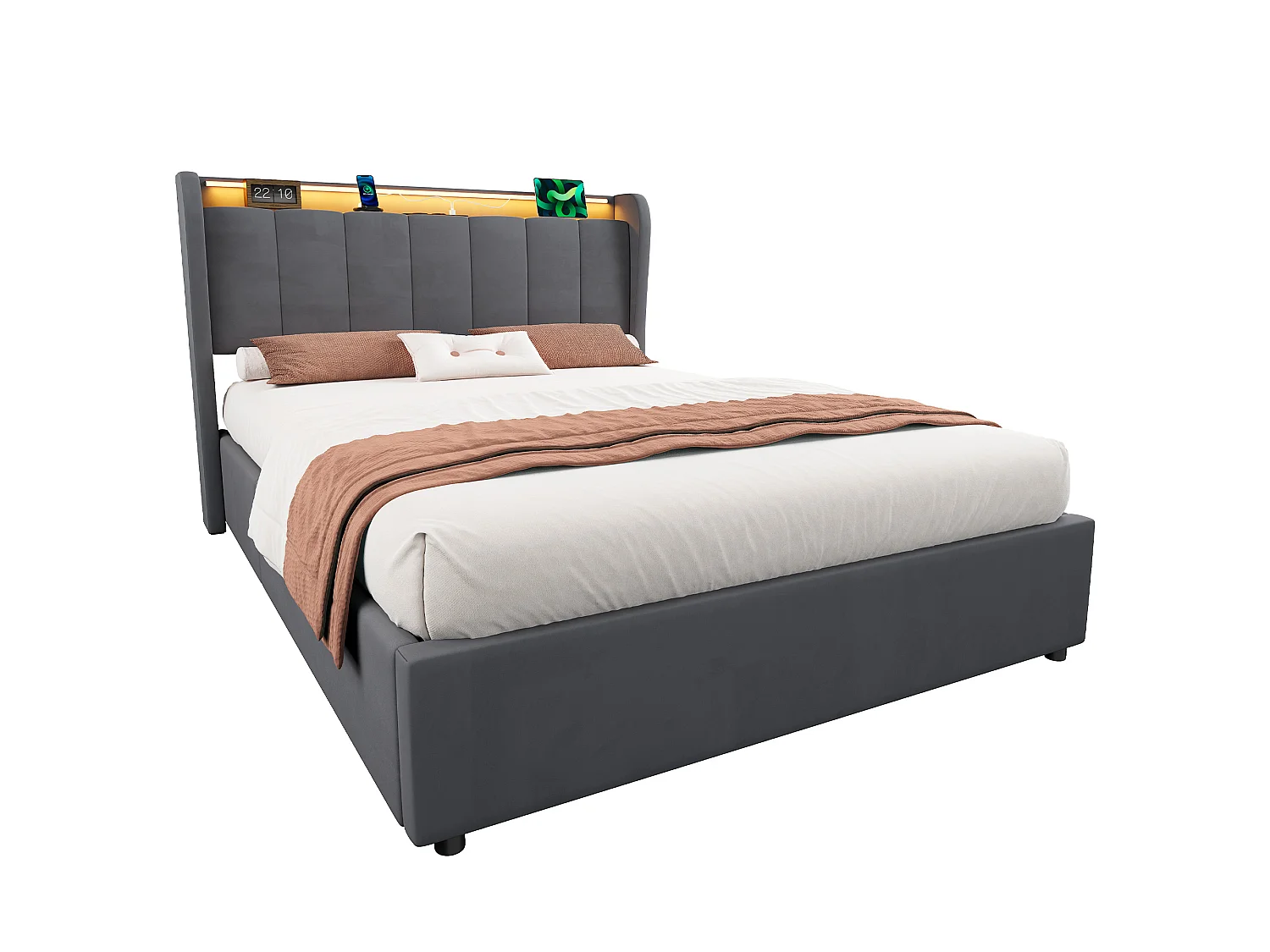 Lit coffre 140x190 cm, lit adulte avec LED et prise électrique, en velours gris, sans matelas