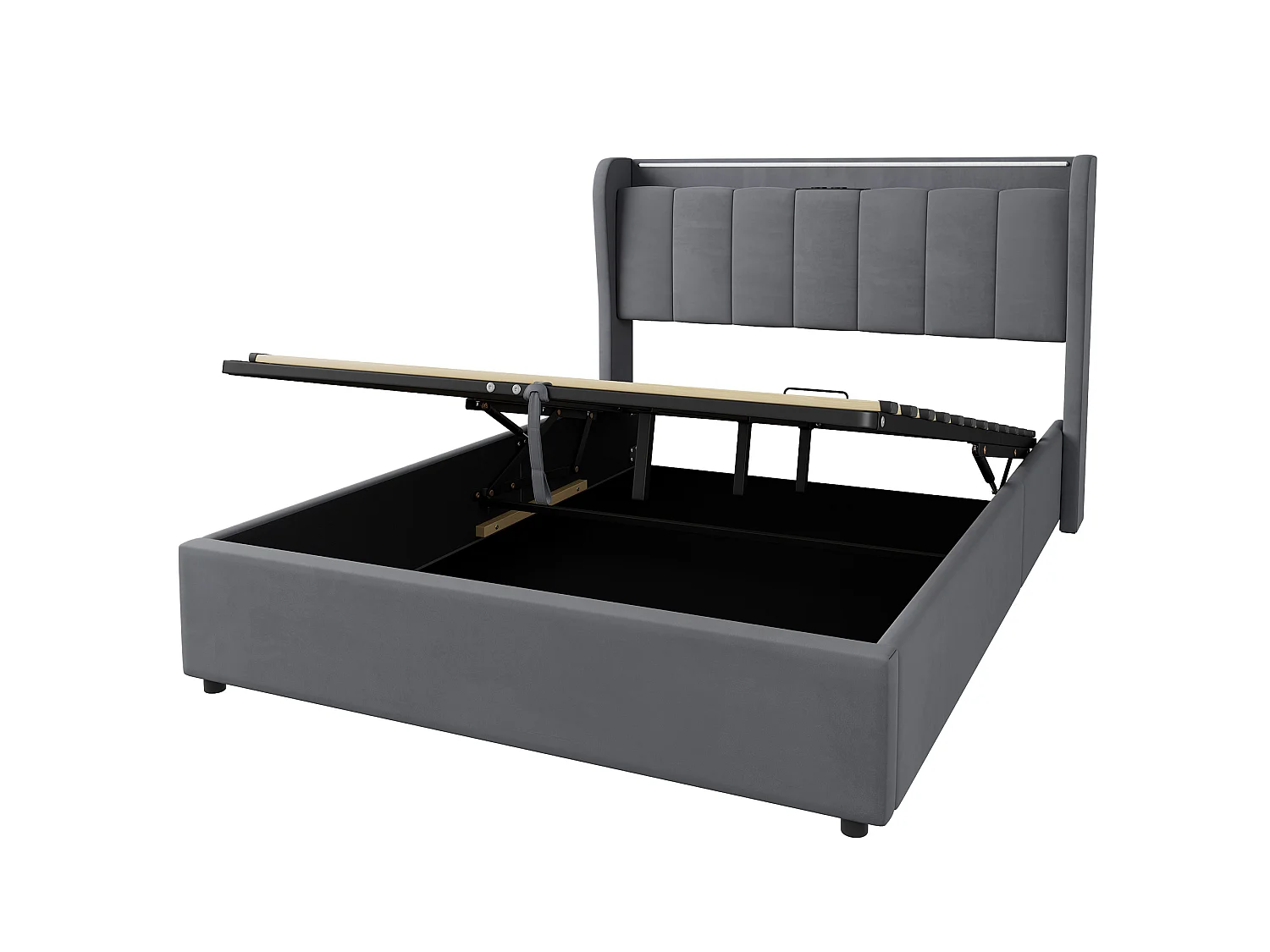 Lit coffre 140x190 cm, lit adulte avec LED et prise électrique, en velours gris, sans matelas