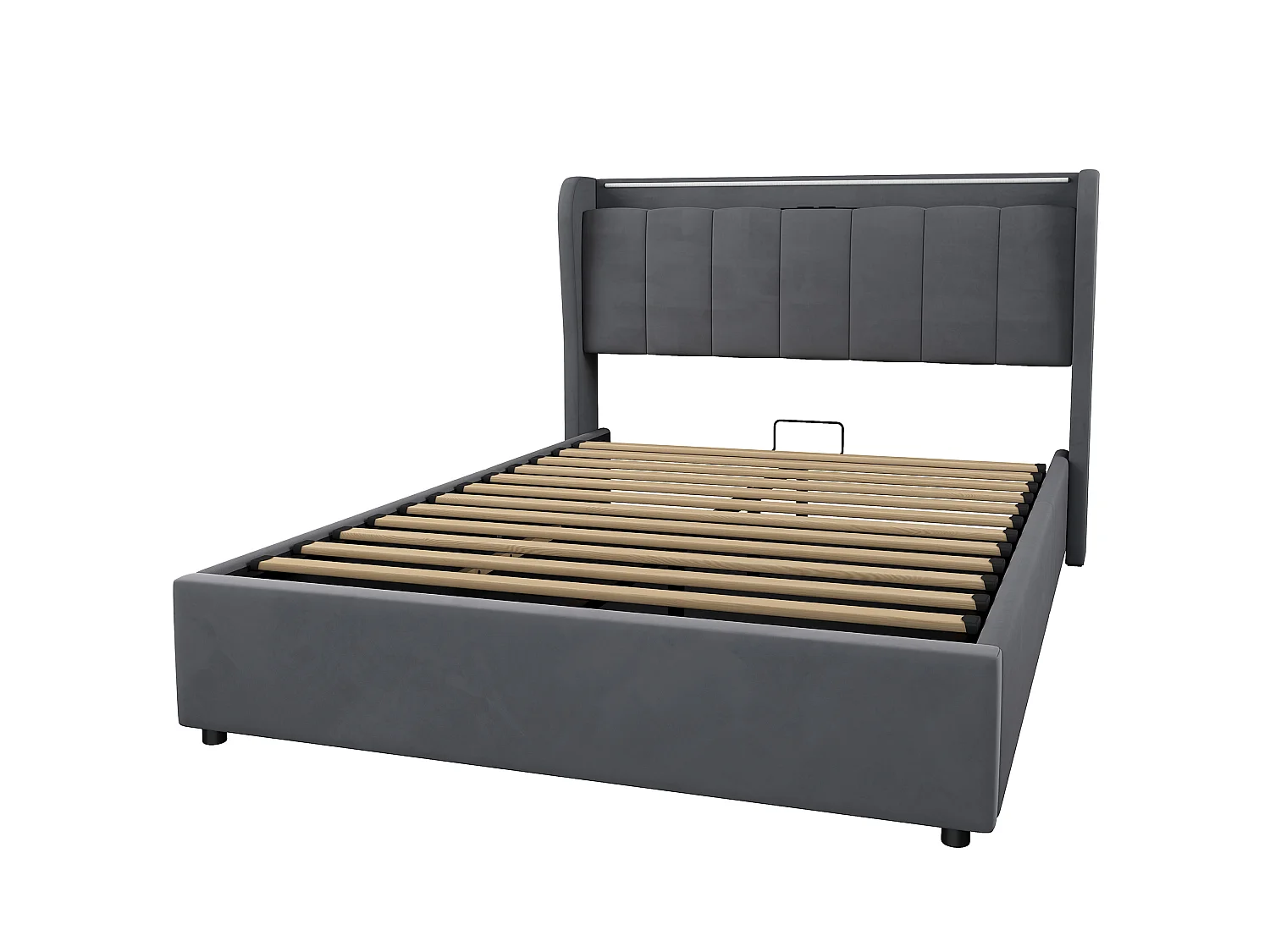 Lit coffre 140x190 cm, lit adulte avec LED et prise électrique, en velours gris, sans matelas