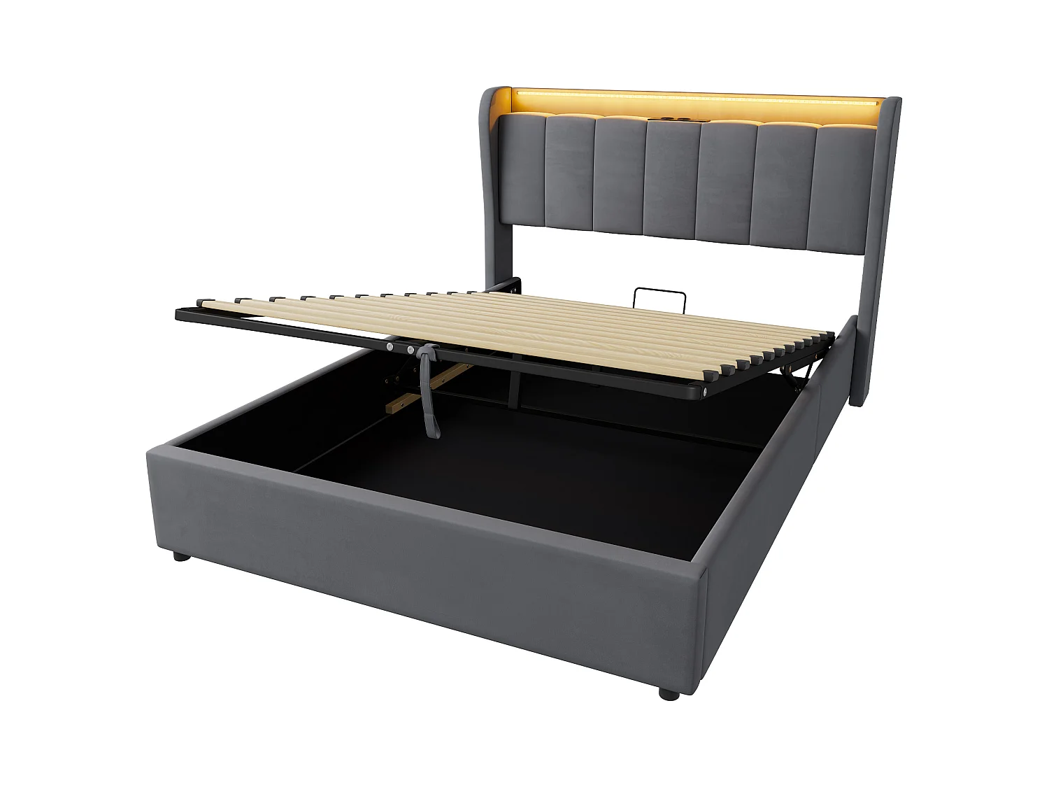 Lit coffre 140x190 cm, lit adulte avec LED et prise électrique, en velours gris, sans matelas