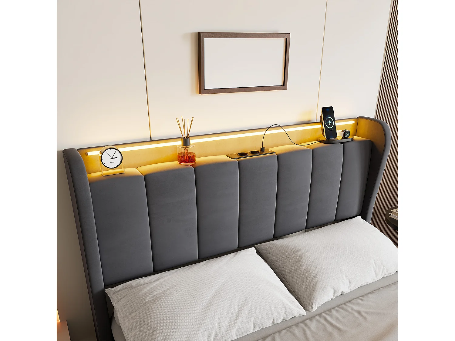 Lit coffre 140x190 cm, lit adulte avec LED et prise électrique, en velours gris, sans matelas