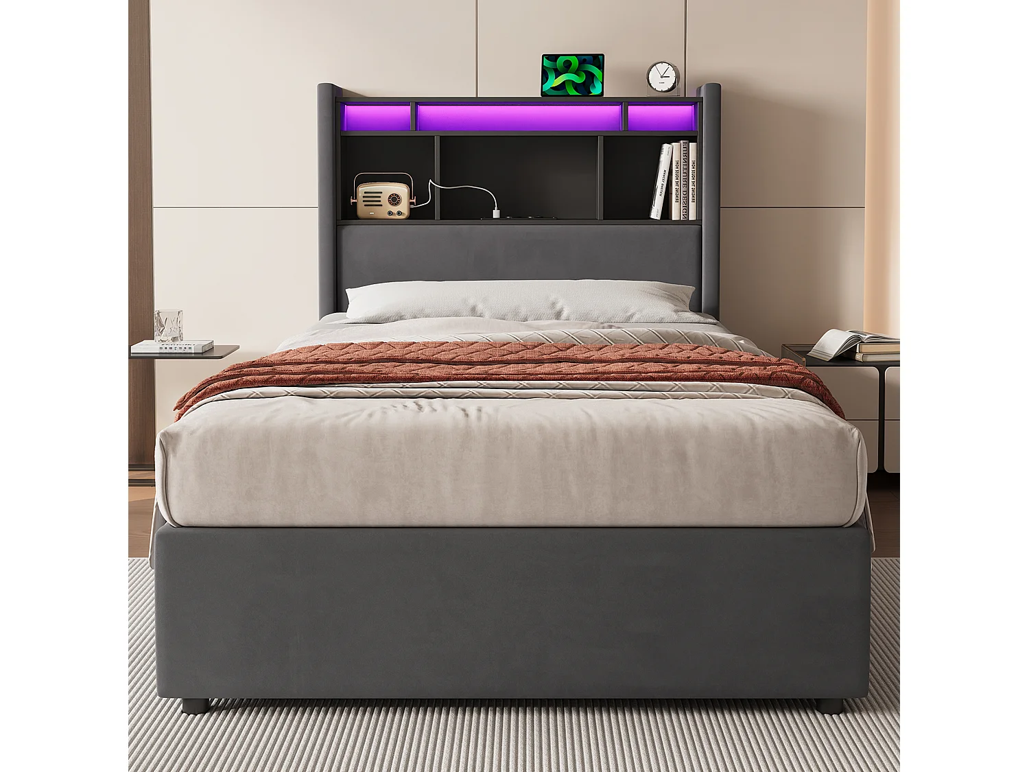 Lit coffre 90x200 cm, lit enfant avec LED, tête de lit avec rangement, en velours gris