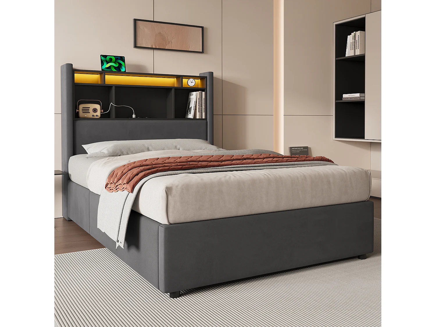 Lit coffre 90x200 cm, lit enfant avec LED, tête de lit avec rangement, en velours gris