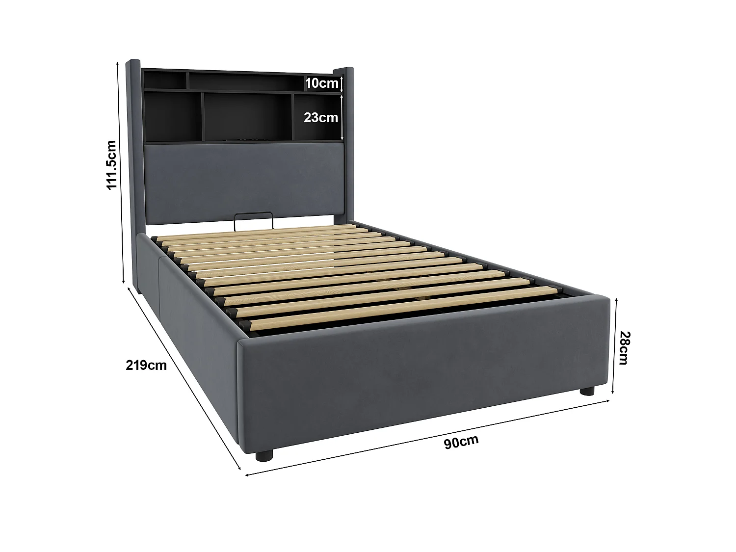Lit coffre 90x200 cm, lit enfant avec LED, tête de lit avec rangement, en velours gris