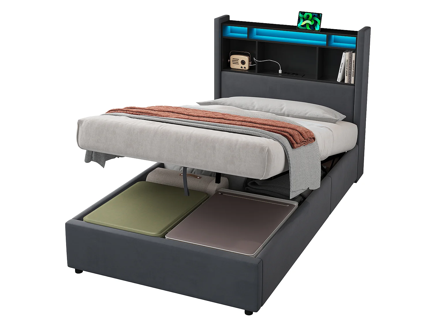 Lit coffre 90x200 cm, lit enfant avec LED, tête de lit avec rangement, en velours gris