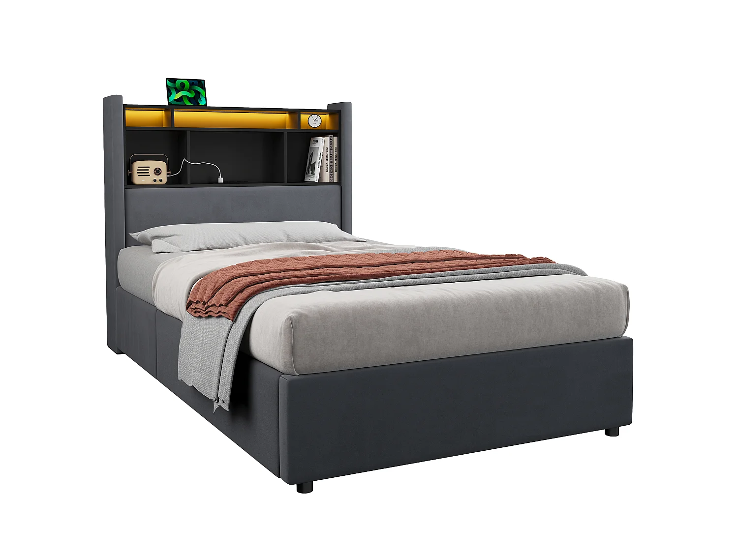 Lit coffre 90x200 cm, lit enfant avec LED, tête de lit avec rangement, en velours gris