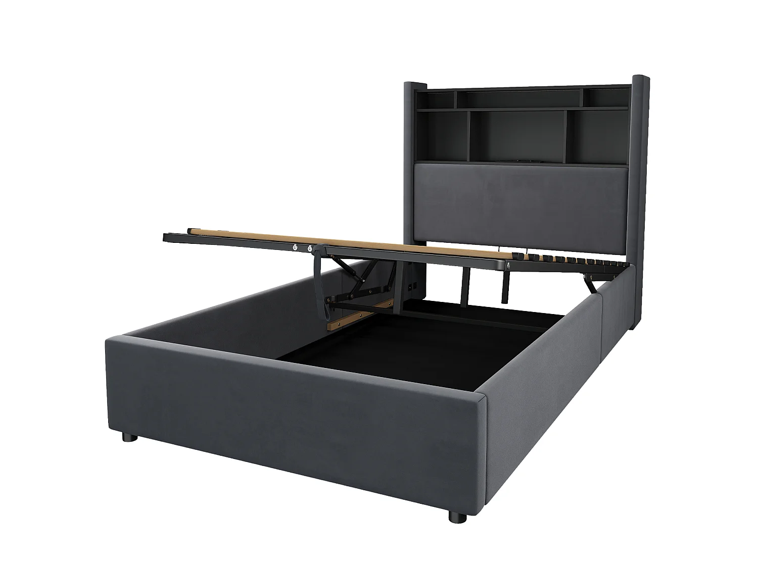 Lit coffre 90x200 cm, lit enfant avec LED, tête de lit avec rangement, en velours gris
