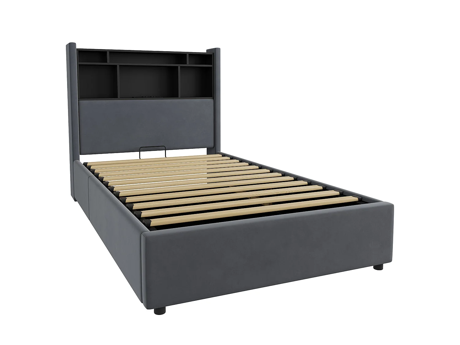 Lit coffre 90x200 cm, lit enfant avec LED, tête de lit avec rangement, en velours gris