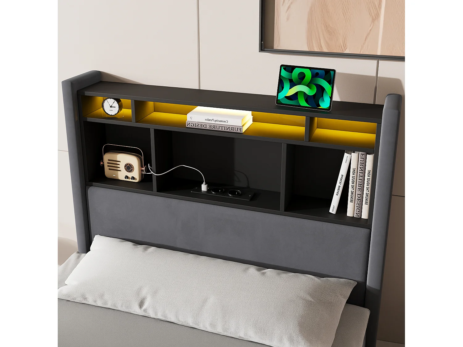 Lit coffre 90x200 cm, lit enfant avec LED, tête de lit avec rangement, en velours gris
