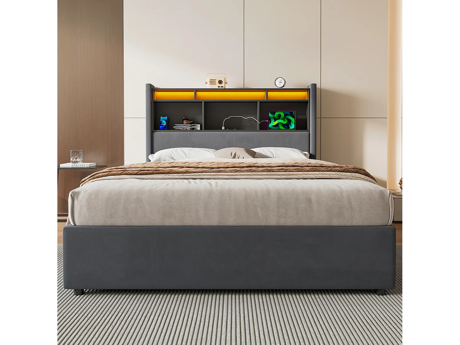 Lit coffre 140x190 cm, lit avec LED, tête de lit avec rangement, en velours gris