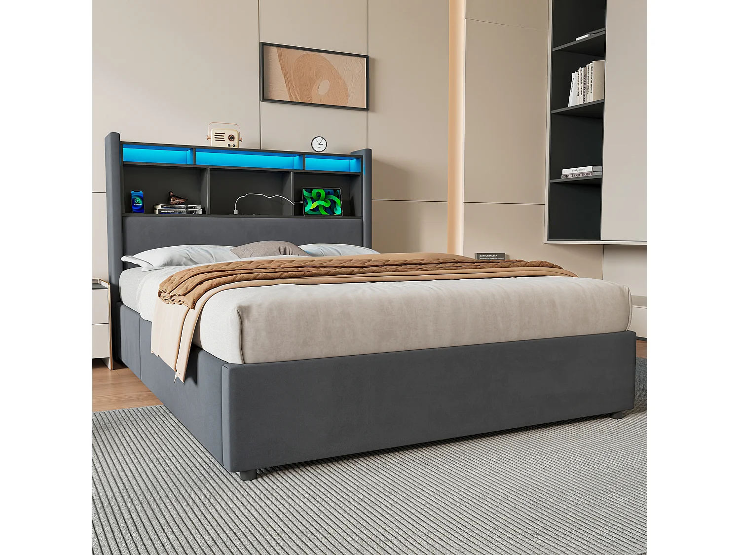 Lit coffre 140x190 cm, lit avec LED, tête de lit avec rangement, en velours gris