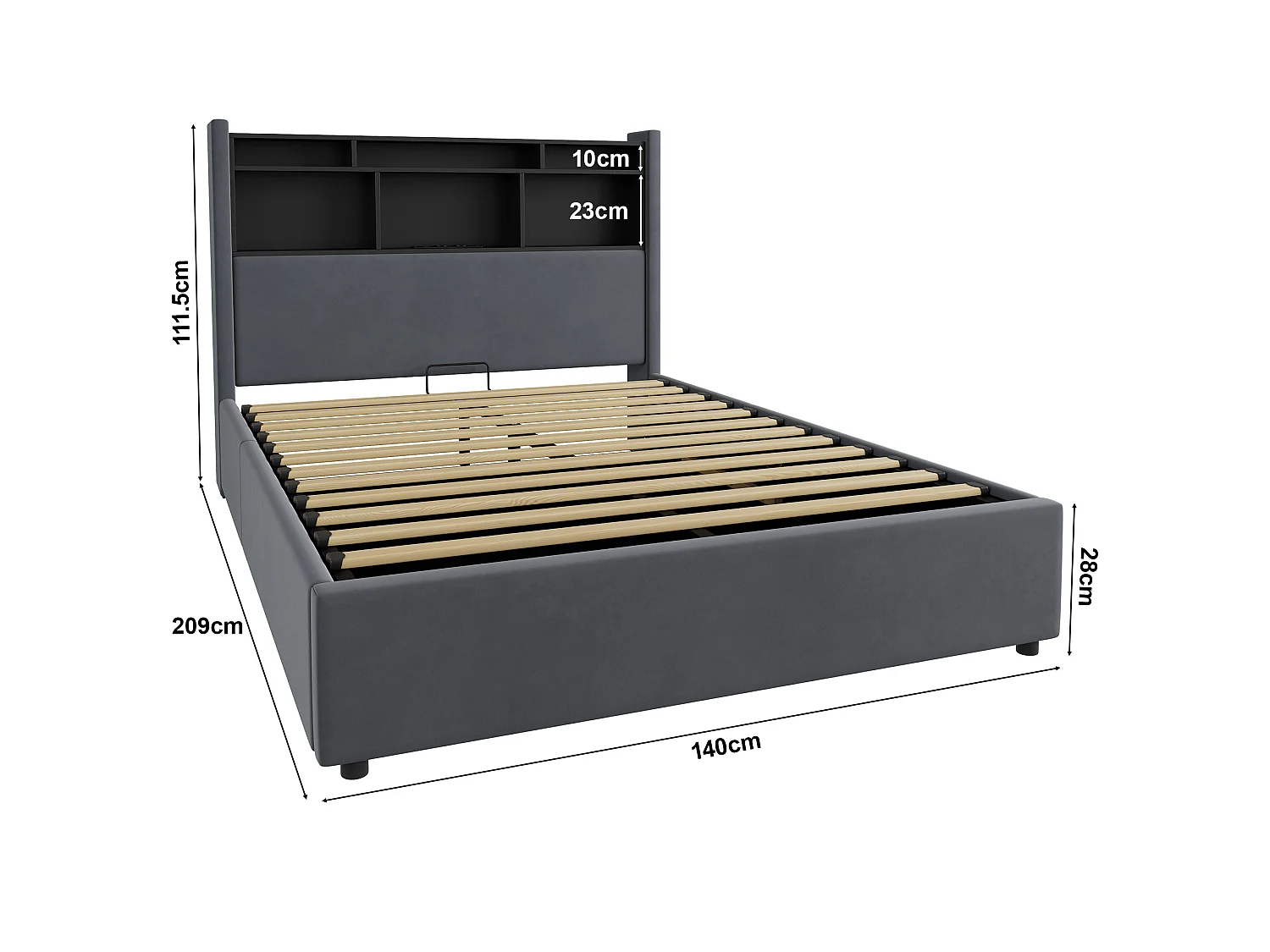 Lit coffre 140x190 cm, lit avec LED, tête de lit avec rangement, en velours gris