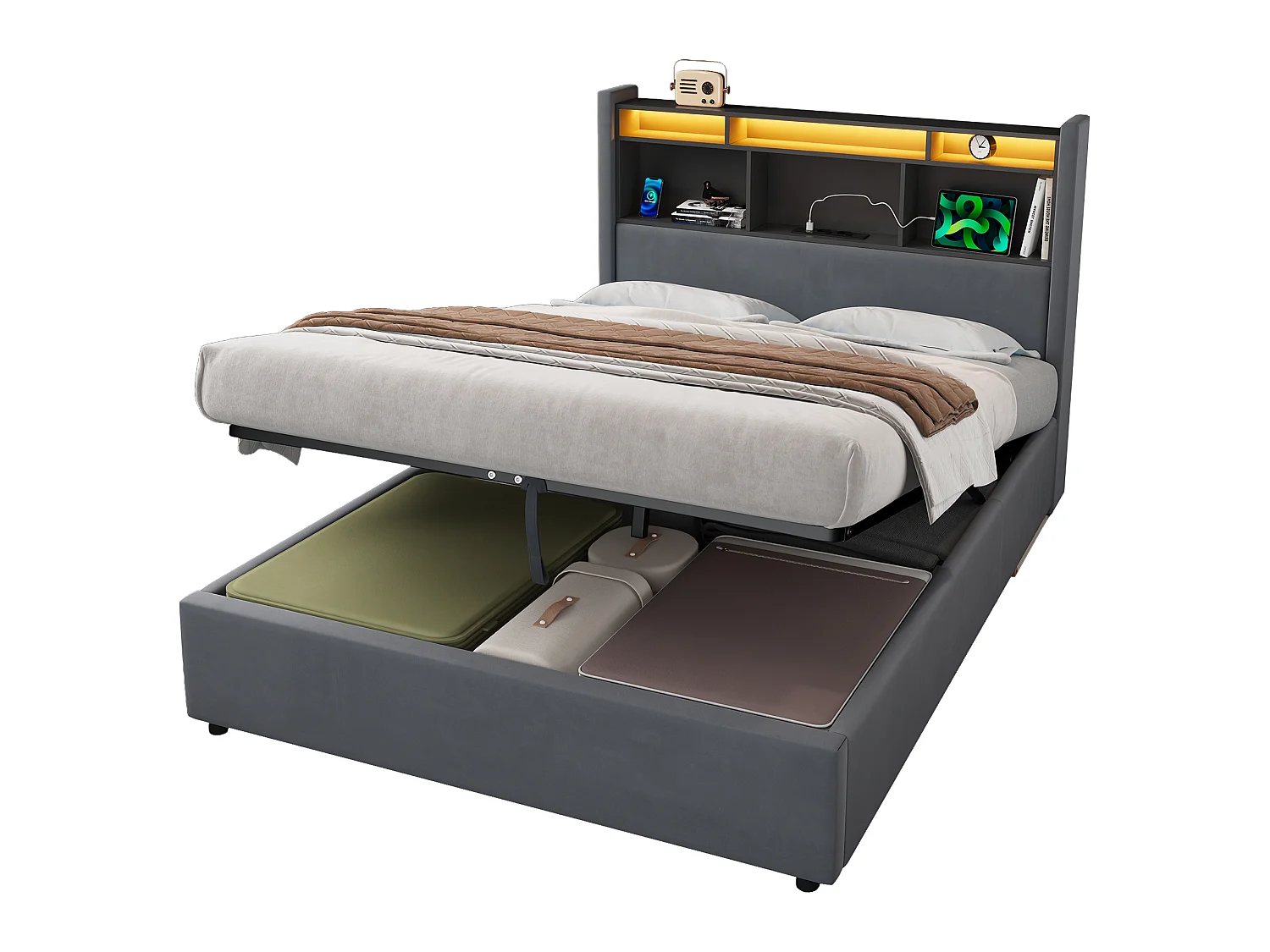 Lit coffre 140x190 cm, lit avec LED, tête de lit avec rangement, en velours gris
