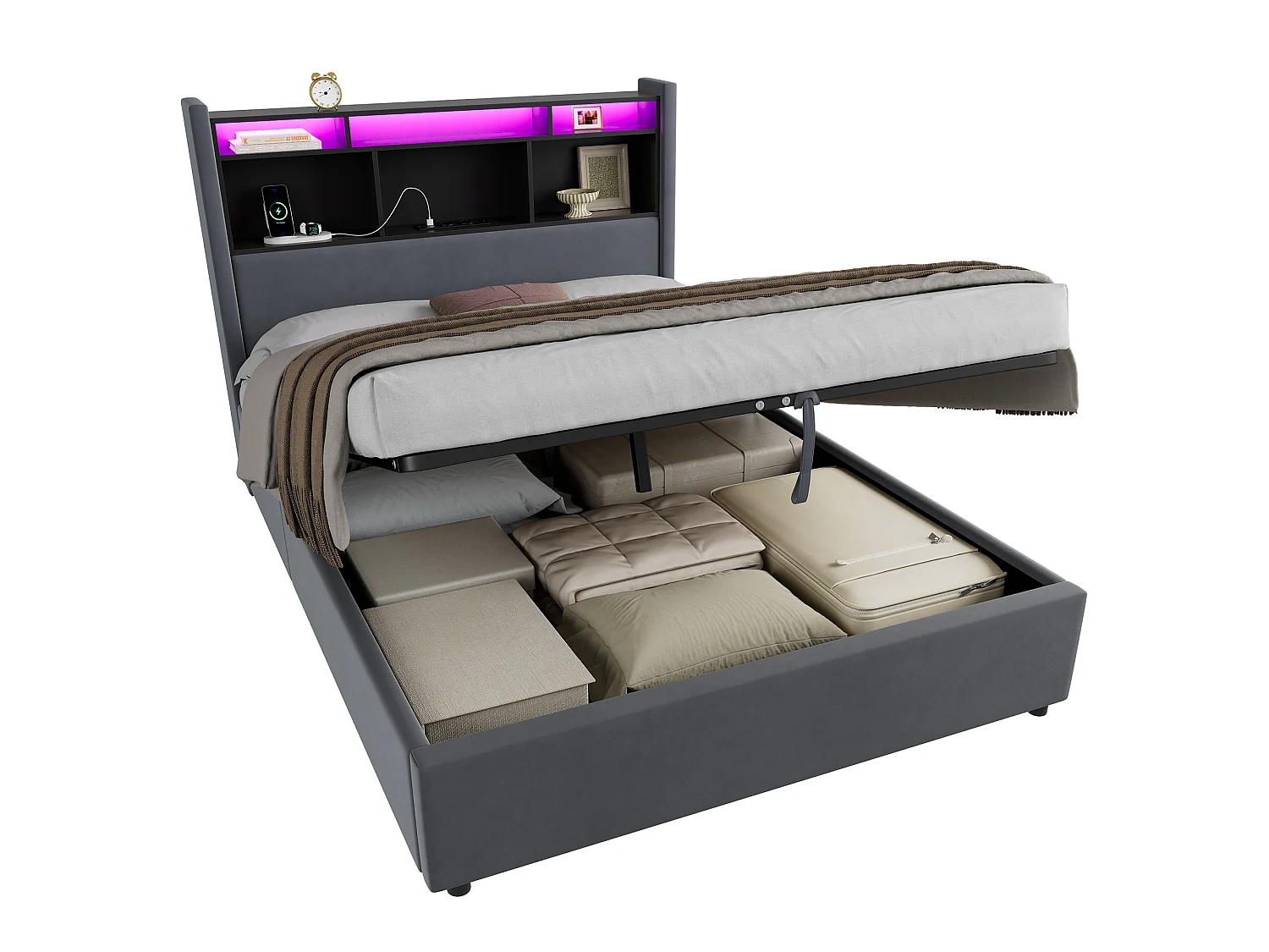 Lit coffre 140x190 cm, lit avec LED, tête de lit avec rangement, en velours gris