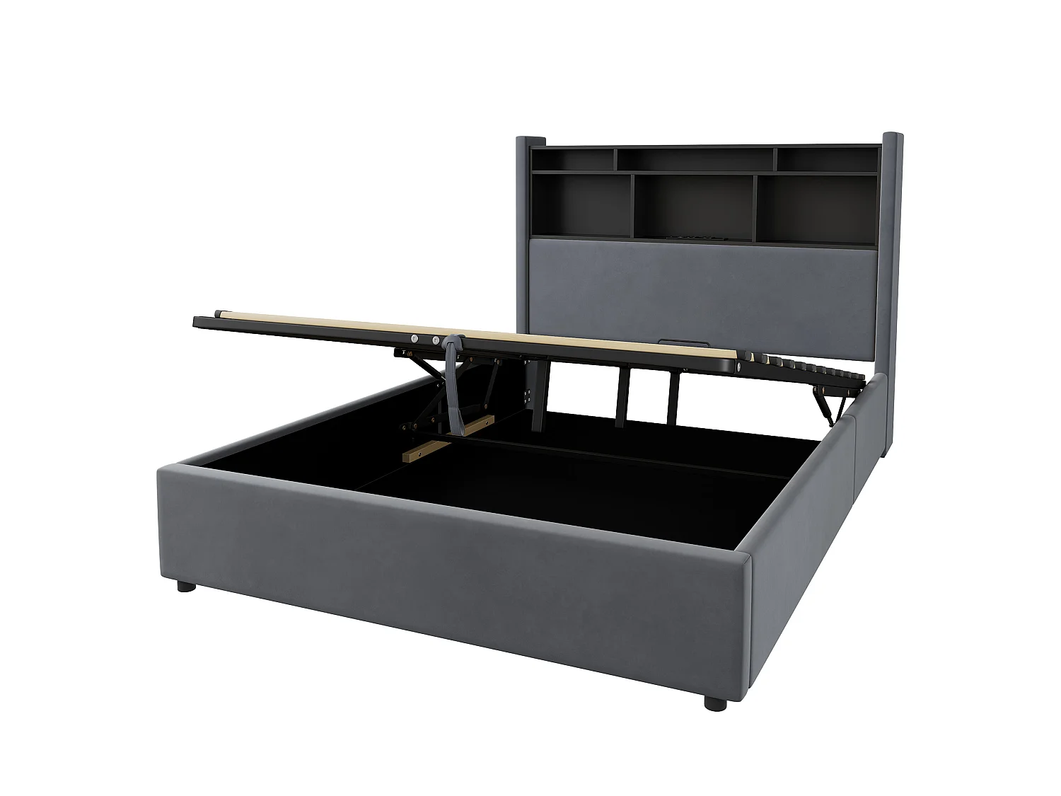 Lit coffre 140x190 cm, lit avec LED, tête de lit avec rangement, en velours gris