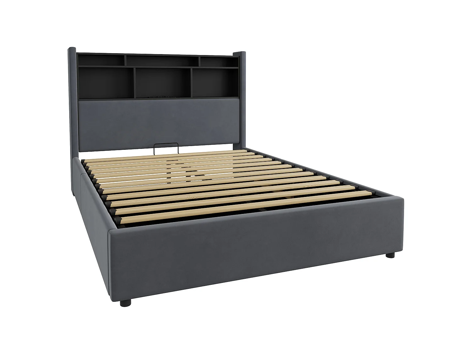 Lit coffre 140x190 cm, lit avec LED, tête de lit avec rangement, en velours gris