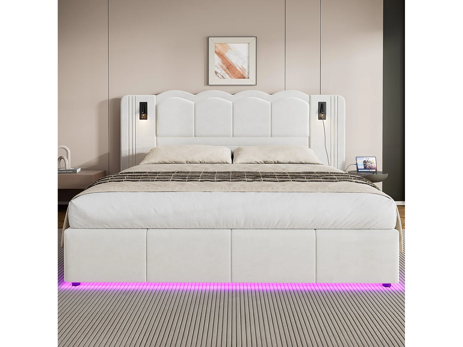 Łóżko z pojemnikiem 180x200 cm, łóżko dla dorosłych z oświetleniem LED i 2 lampkami do czytania, USB, welur, biały, bez materaca