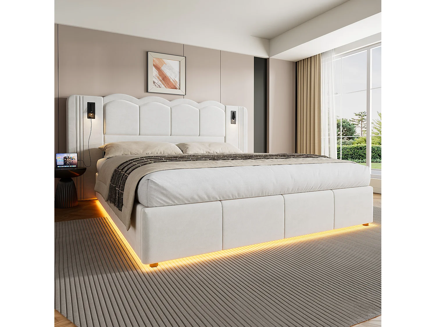 Łóżko z pojemnikiem 180x200 cm, łóżko dla dorosłych z oświetleniem LED i 2 lampkami do czytania, USB, welur, biały, bez materaca