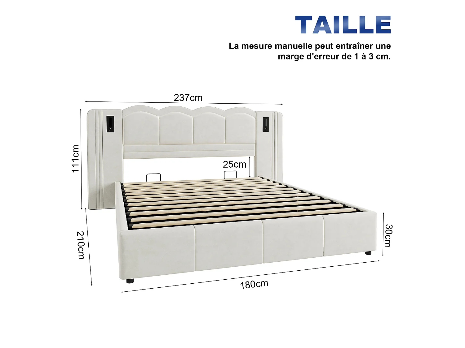 Łóżko z pojemnikiem 180x200 cm, łóżko dla dorosłych z oświetleniem LED i 2 lampkami do czytania, USB, welur, biały, bez materaca