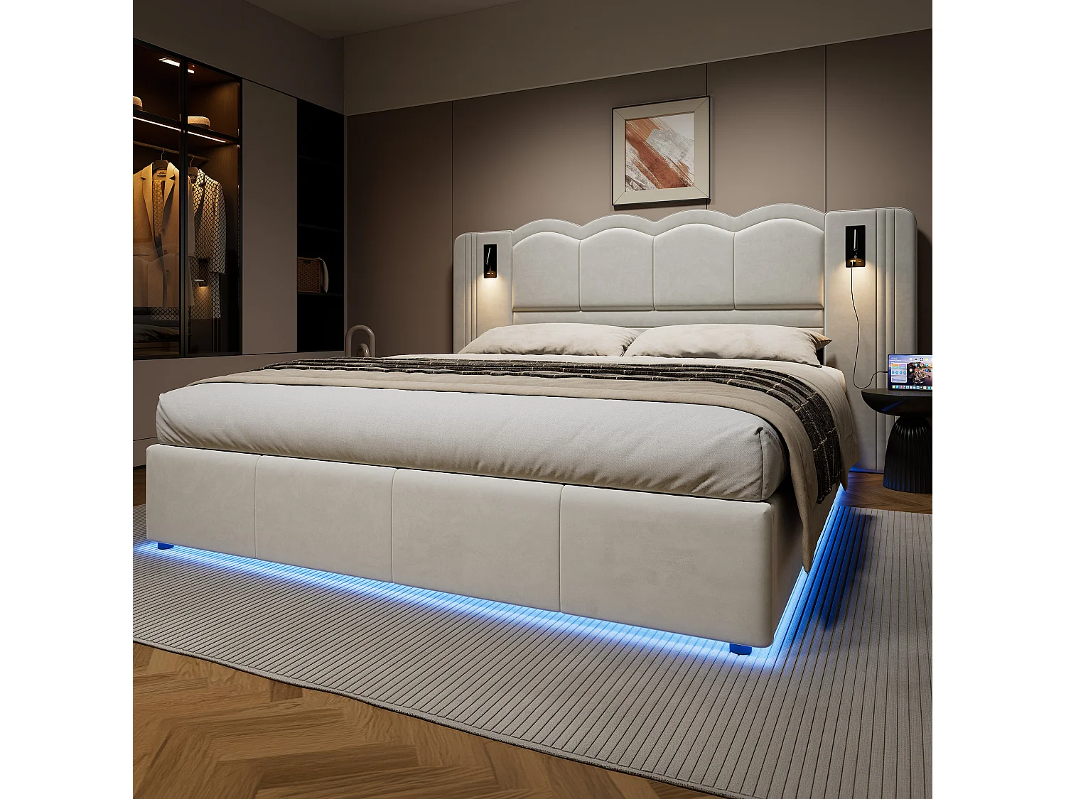 Łóżko z pojemnikiem 180x200 cm, łóżko dla dorosłych z oświetleniem LED i 2 lampkami do czytania, USB, welur, biały, bez materaca