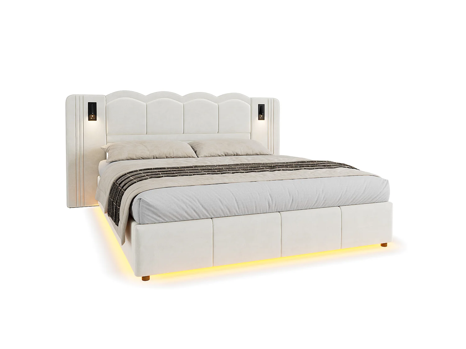 Łóżko z pojemnikiem 180x200 cm, łóżko dla dorosłych z oświetleniem LED i 2 lampkami do czytania, USB, welur, biały, bez materaca
