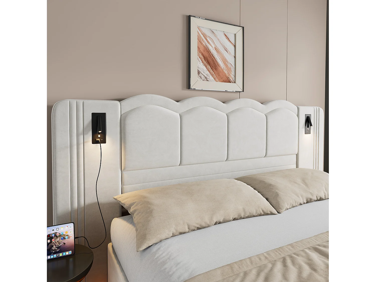 Łóżko z pojemnikiem 180x200 cm, łóżko dla dorosłych z oświetleniem LED i 2 lampkami do czytania, USB, welur, biały, bez materaca