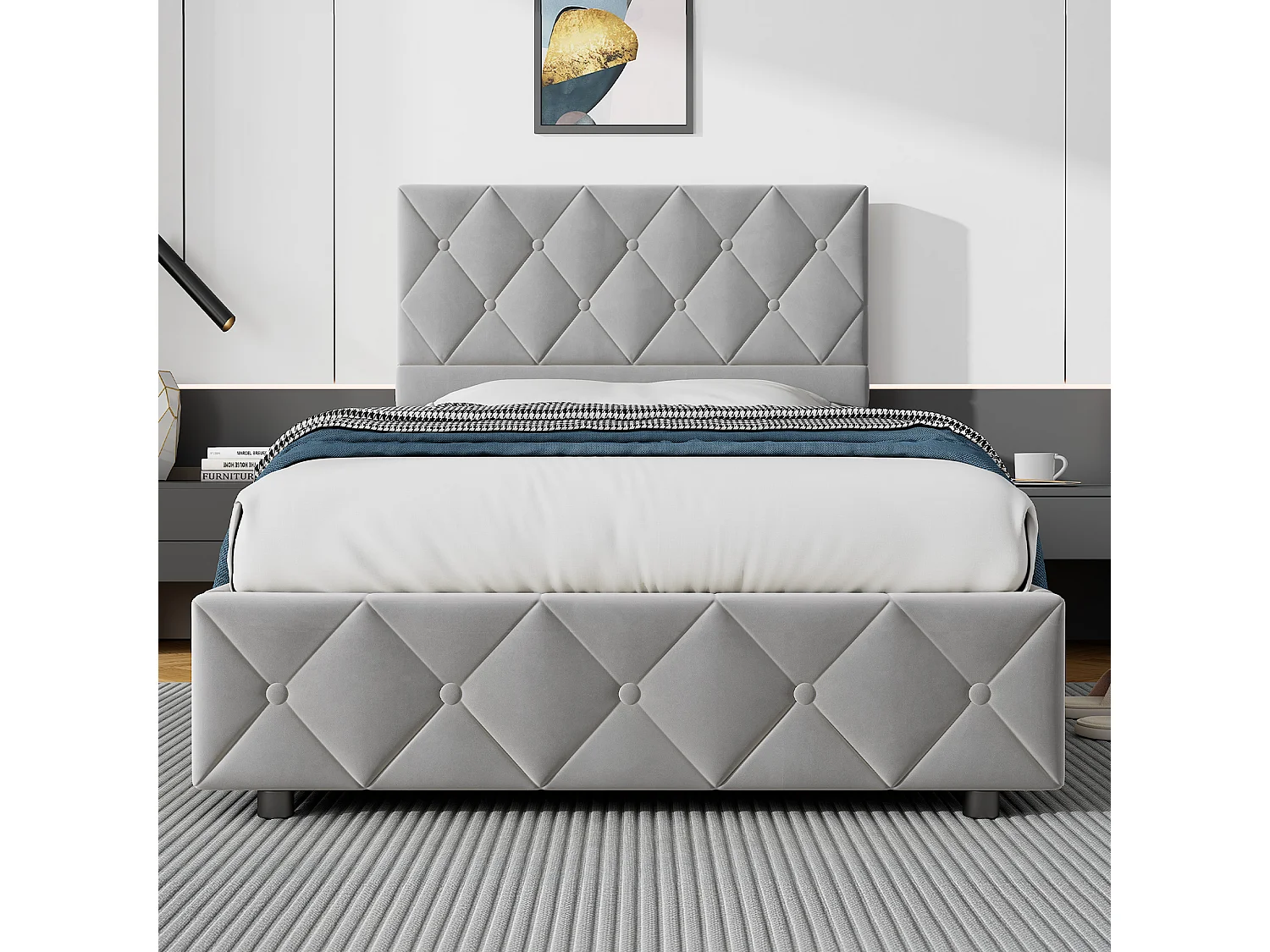 Lit coffre 90x190 cm, lit enfant avec tête de lit de décoration couture bouton, sans matelas, gris