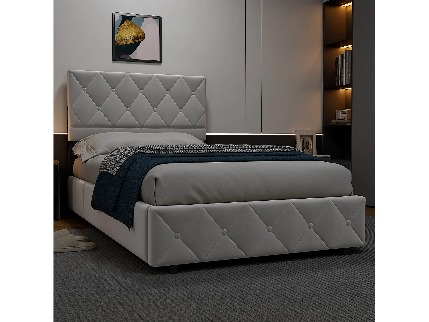 Lit coffre 90x190 cm, lit enfant avec tête de lit de décoration couture bouton, sans matelas, gris