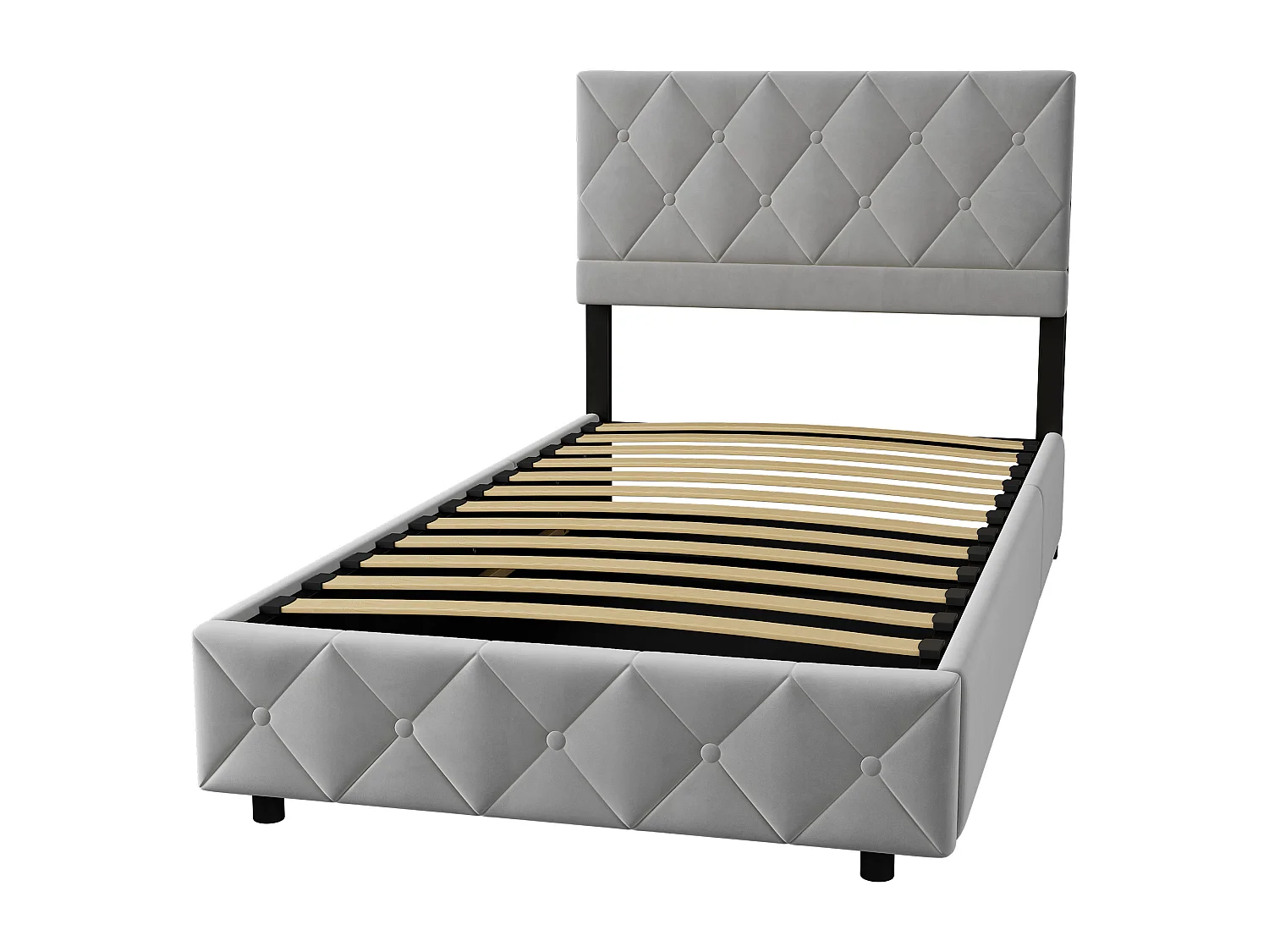 Lit coffre 90x190 cm, lit enfant avec tête de lit de décoration couture bouton, sans matelas, gris
