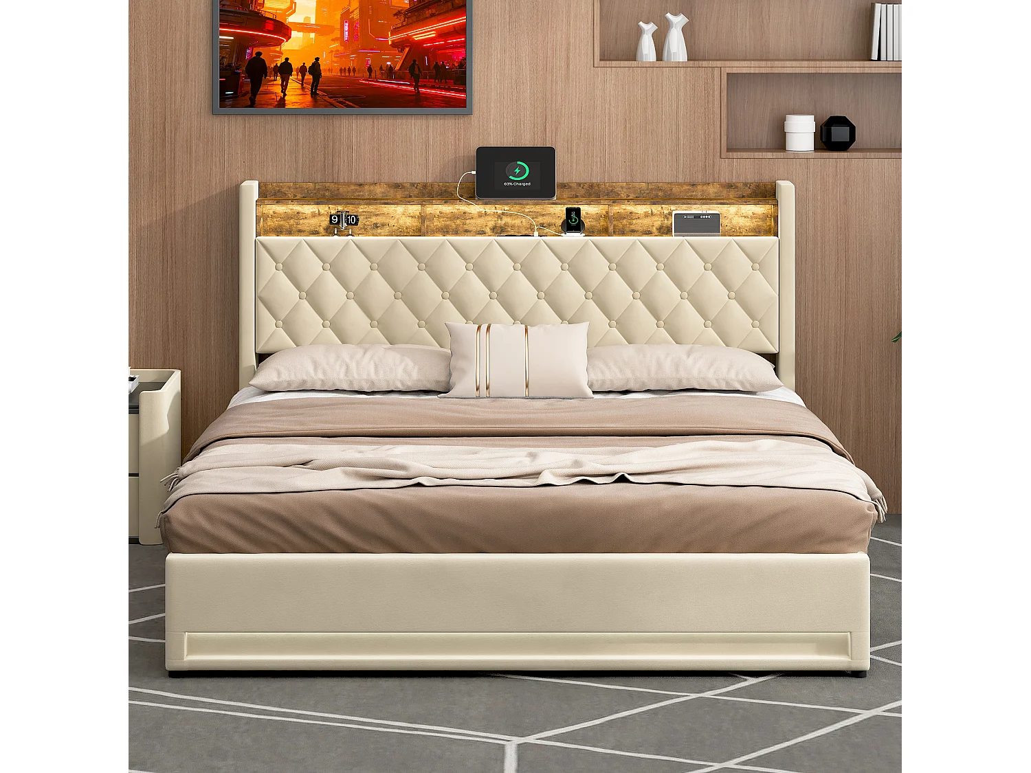Łóżko z pojemnikiem 180x200 cm, zagłówek z 2 gniazdkami i USB, LED, bez materaca, beżowy welur