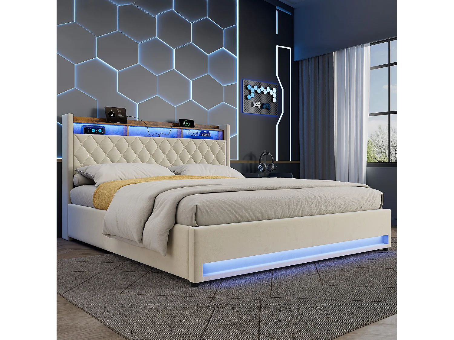 Łóżko z pojemnikiem 180x200 cm, zagłówek z 2 gniazdkami i USB, LED, bez materaca, beżowy welur