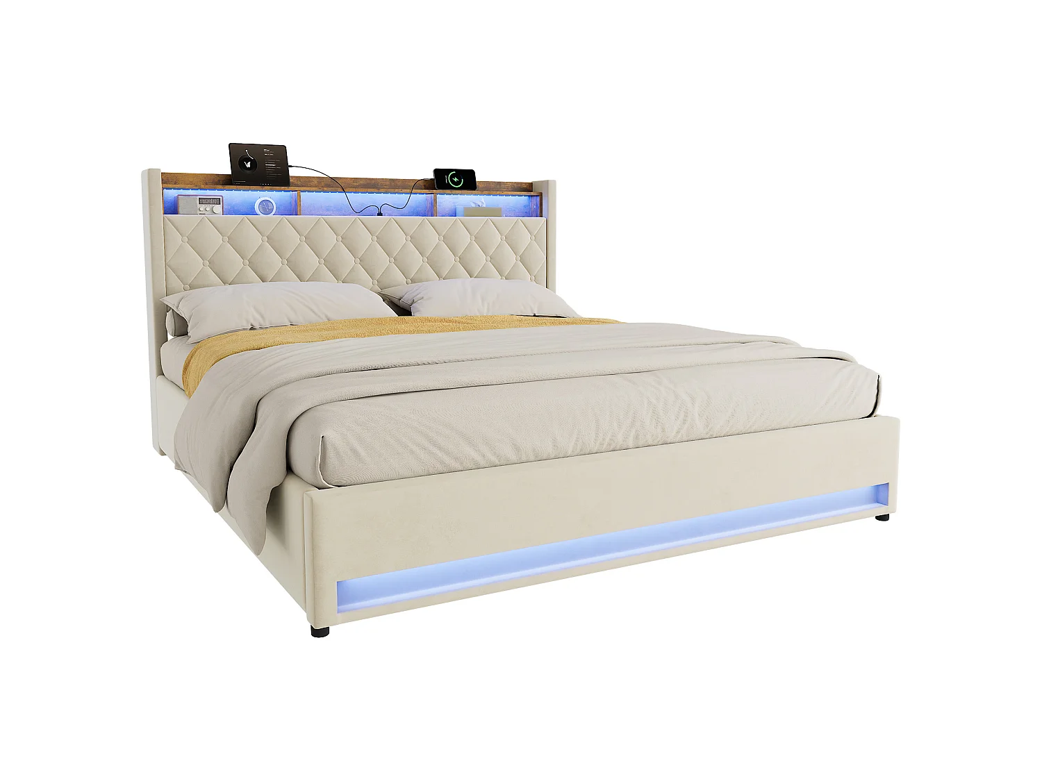 Łóżko z pojemnikiem 180x200 cm, zagłówek z 2 gniazdkami i USB, LED, bez materaca, beżowy welur