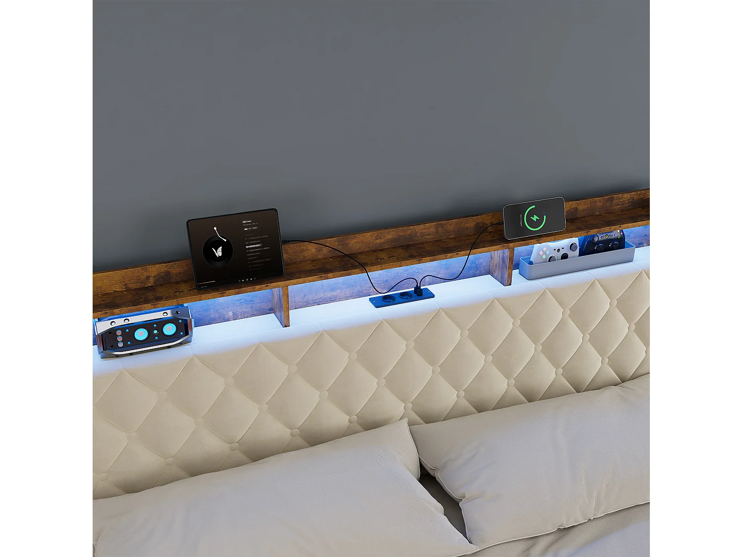 Łóżko z pojemnikiem 180x200 cm, zagłówek z 2 gniazdkami i USB, LED, bez materaca, beżowy welur