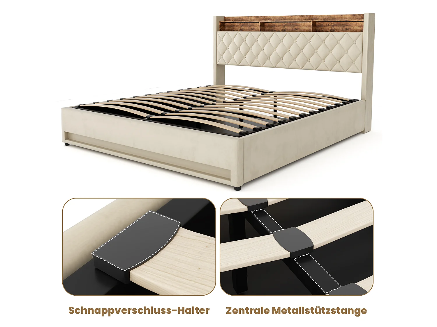 Łóżko z pojemnikiem 180x200 cm, zagłówek z 2 gniazdkami i USB, LED, bez materaca, beżowy welur