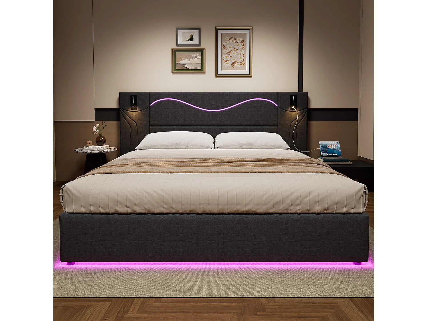 Lit coffre 180x200 cm, lit adulte avec LED et 2 liseuse, USB, en lin, gris, sans matelas