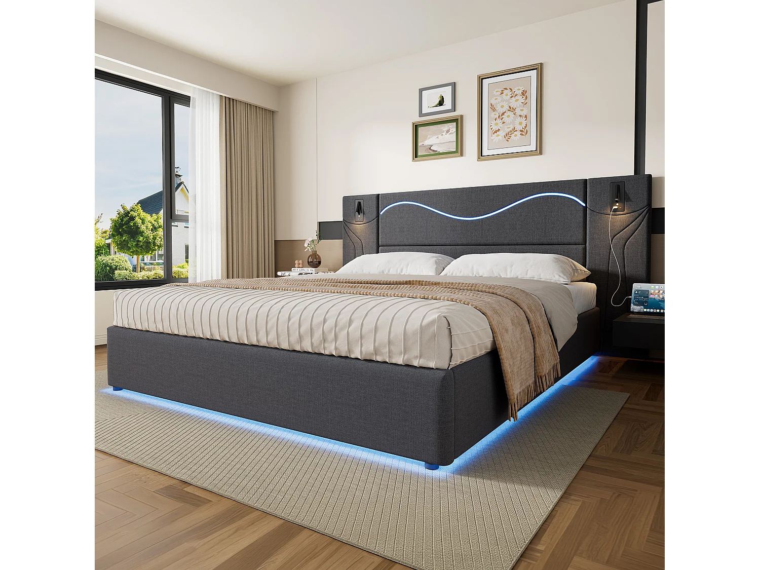 Lit coffre 180x200 cm, lit adulte avec LED et 2 liseuse, USB, en lin, gris, sans matelas