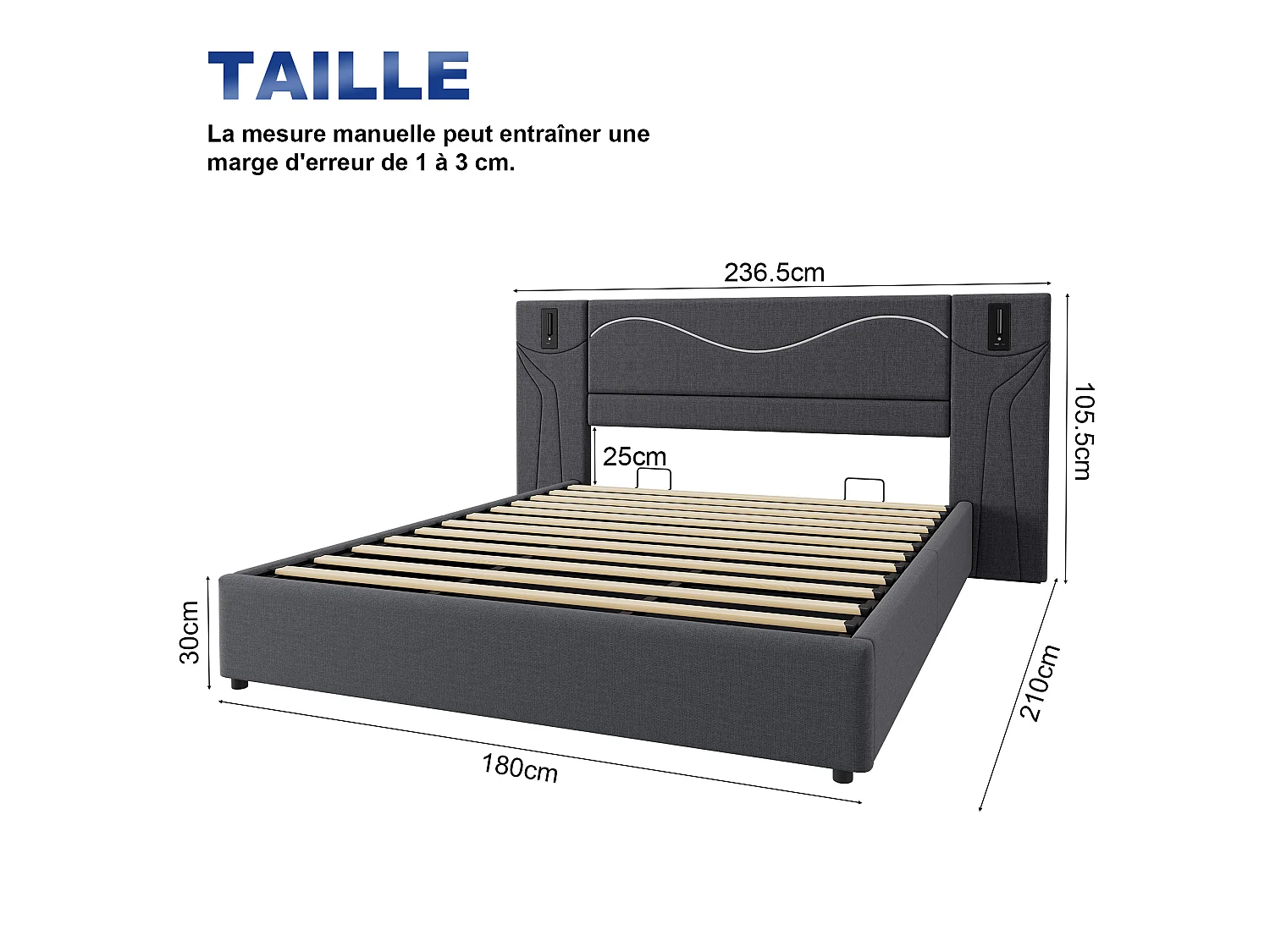 Lit coffre 180x200 cm, lit adulte avec LED et 2 liseuse, USB, en lin, gris, sans matelas