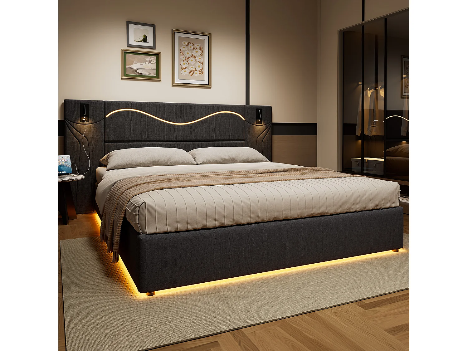 Lit coffre 180x200 cm, lit adulte avec LED et 2 liseuse, USB, en lin, gris, sans matelas