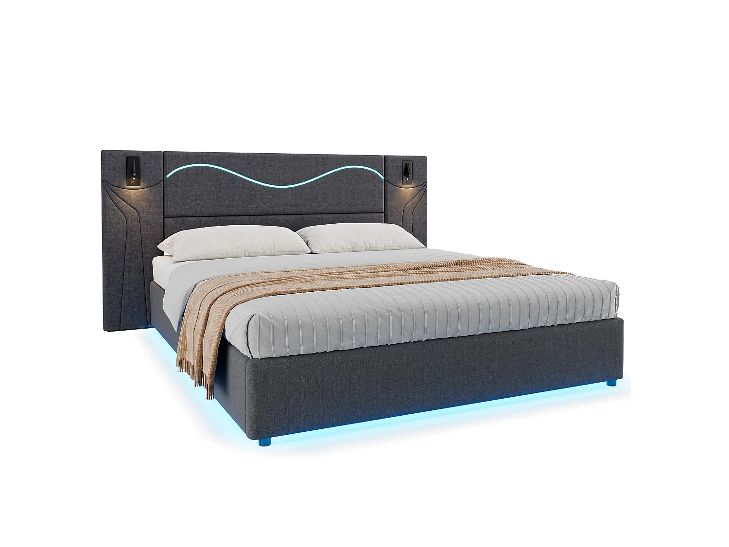 Lit coffre 180x200 cm, lit adulte avec LED et 2 liseuse, USB, en lin, gris, sans matelas