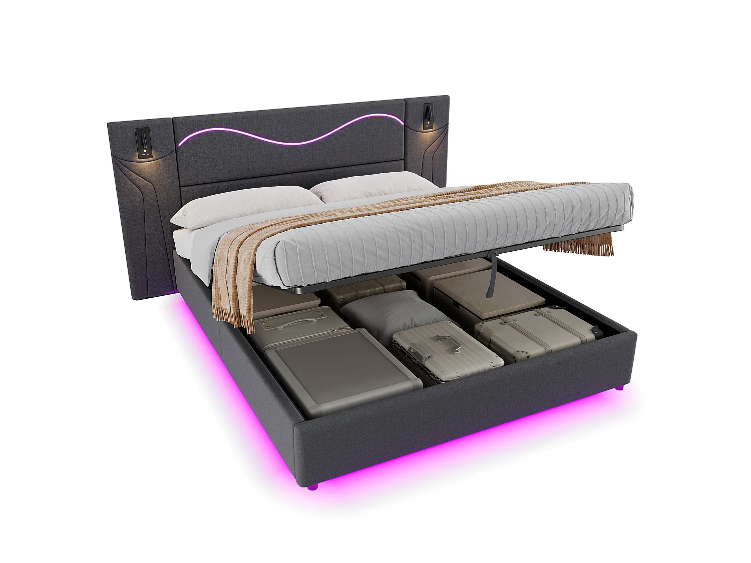 Lit coffre 180x200 cm, lit adulte avec LED et 2 liseuse, USB, en lin, gris, sans matelas