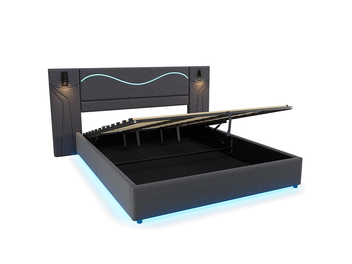 Lit coffre 180x200 cm, lit adulte avec LED et 2 liseuse, USB, en lin, gris, sans matelas